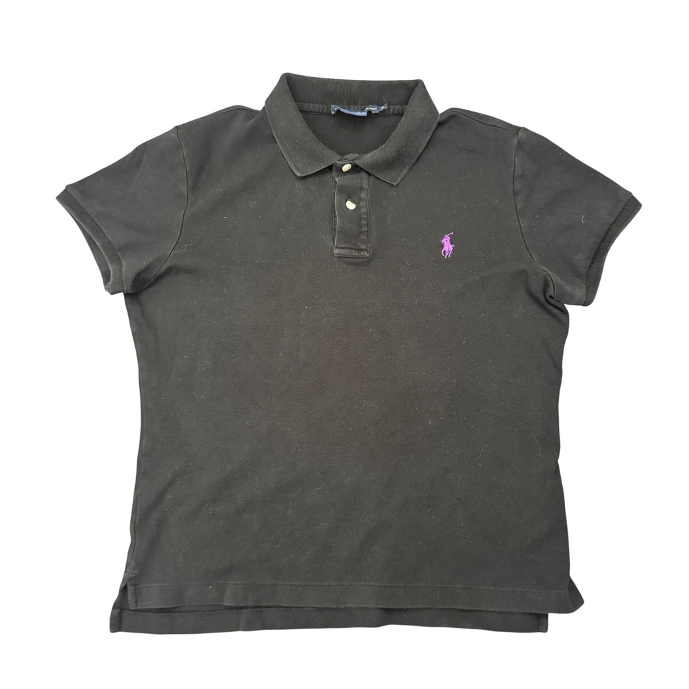 Ralph Lauren Sport Womens XL Black Polo Shirt Purple Pony Logo Short Sleeve